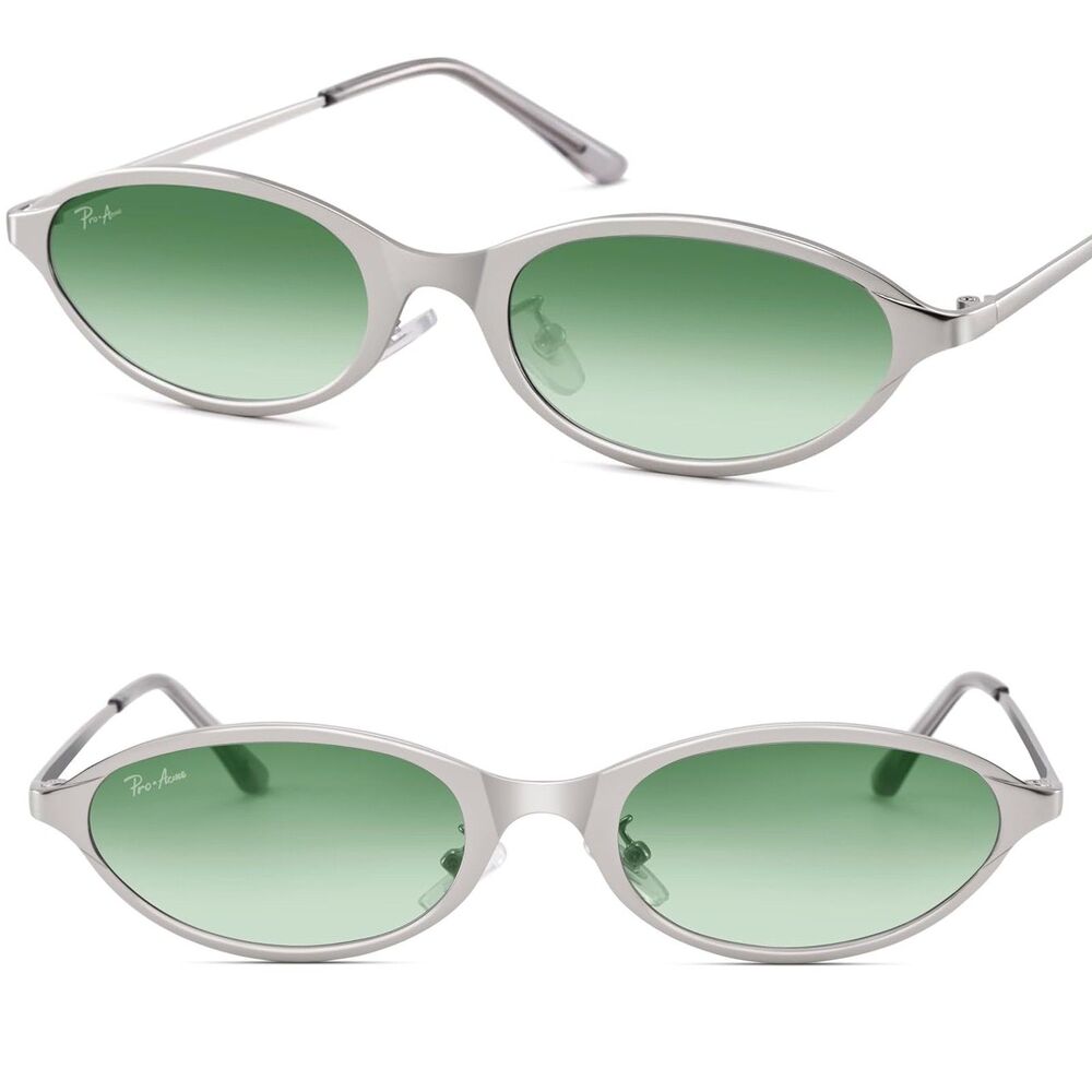 Women's Silver Green Narrow Oval Cat Eye Retro 90s Chic Fashion Style Sunglasses